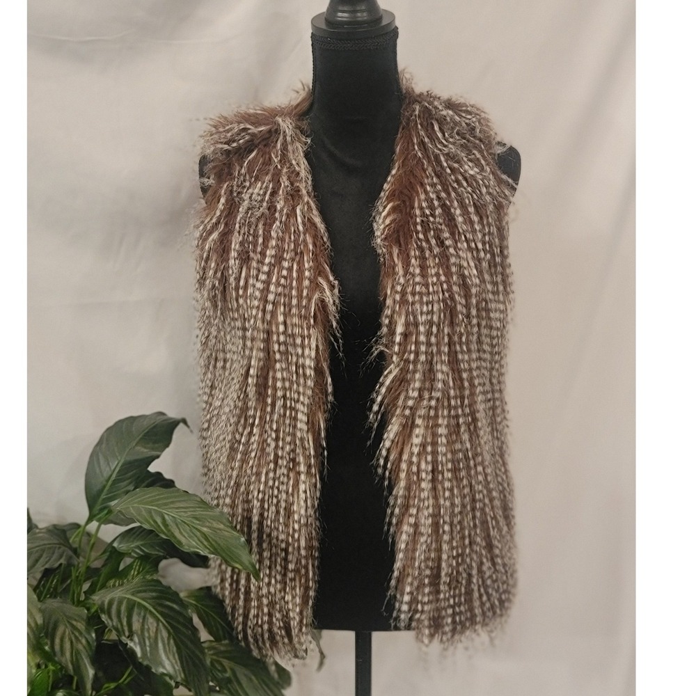 Brown Shaggy Faux Fur Vest Sleeveless Open Front Boho Glam